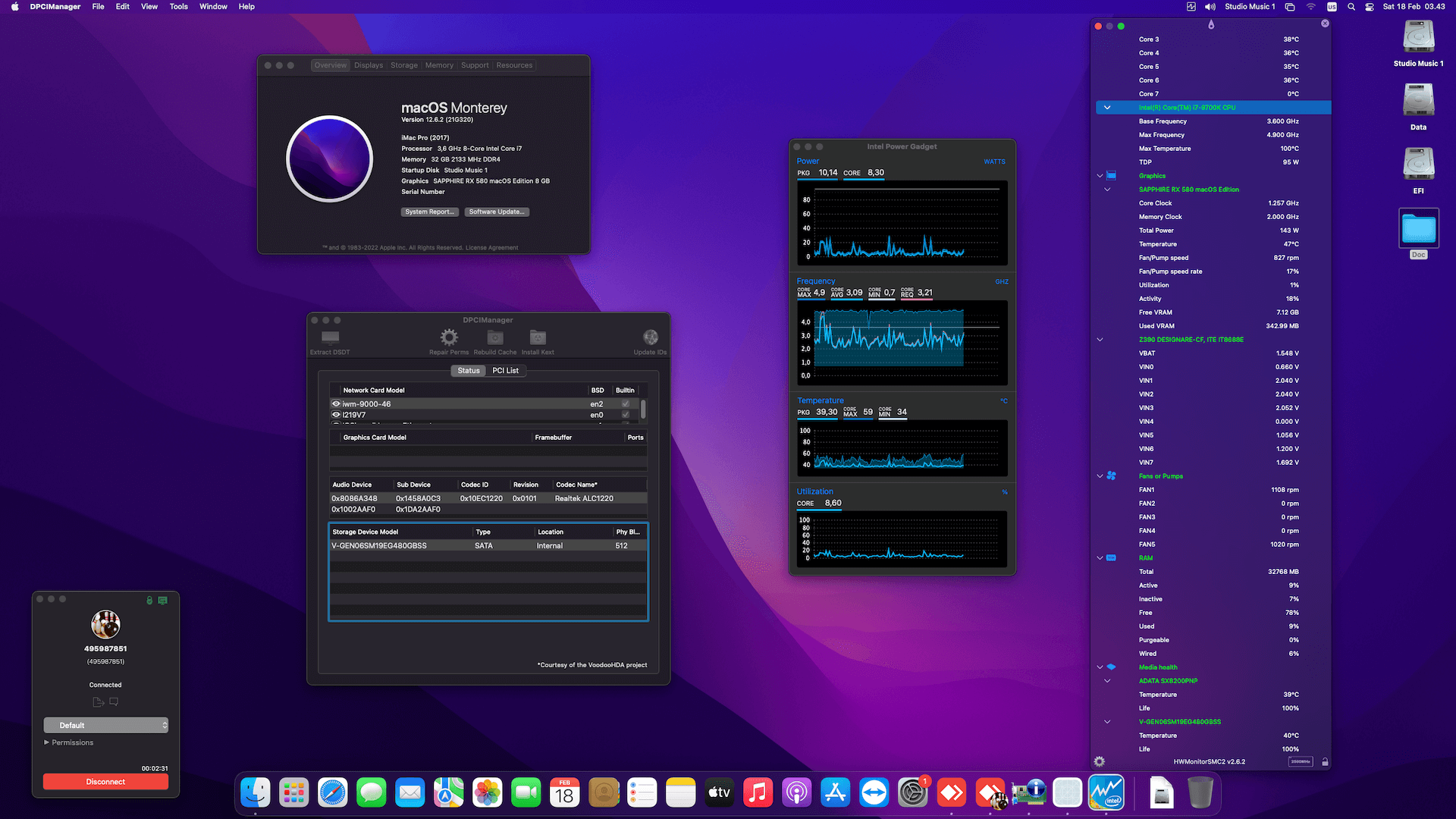Success Hackintosh macOS Monterey 12.6.2 Build 21G320 in Gigabyte Z390 Designare + Intel Core i7 9700K + Sapphire RX 580